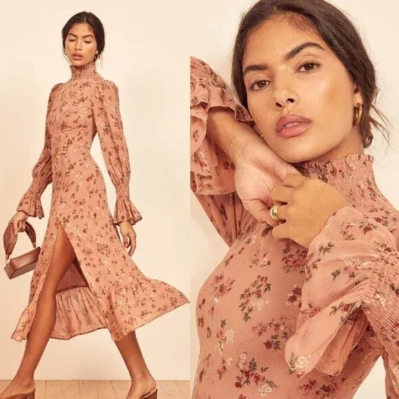 Reformation Galena Midi Dress in Arianne Floral Mock Turtleneck Mauve Size 0
